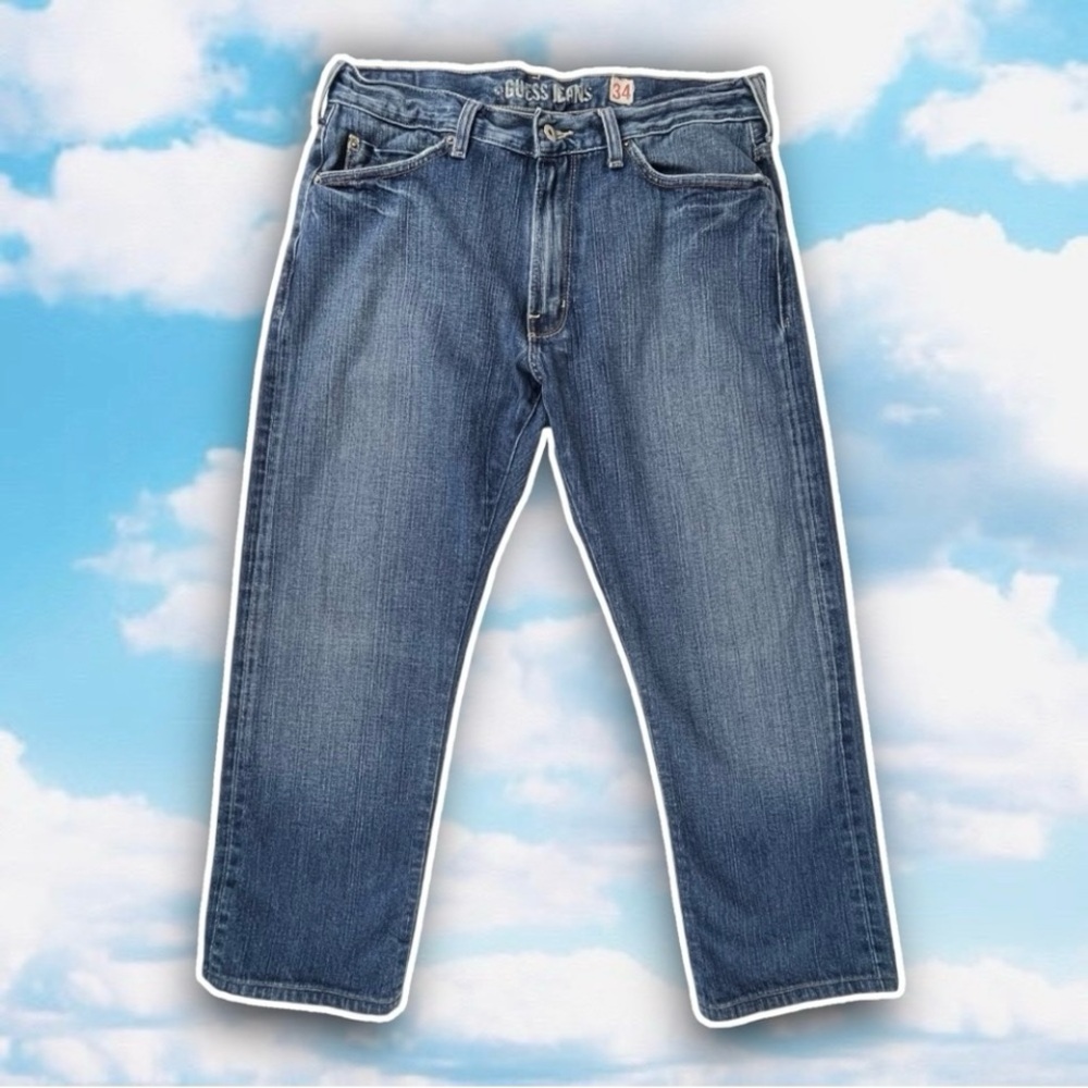 GUESS JEANS Y2k Vintage Relaxed Straight Leg Distressed Jeans Medium Wash 34x28